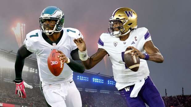 Washington Huskies quarterback and 2023 Heisman Trophy finalist Michael Penix Jr. (right) and Philadelphia Eagles quarterback Michael Vick (left).